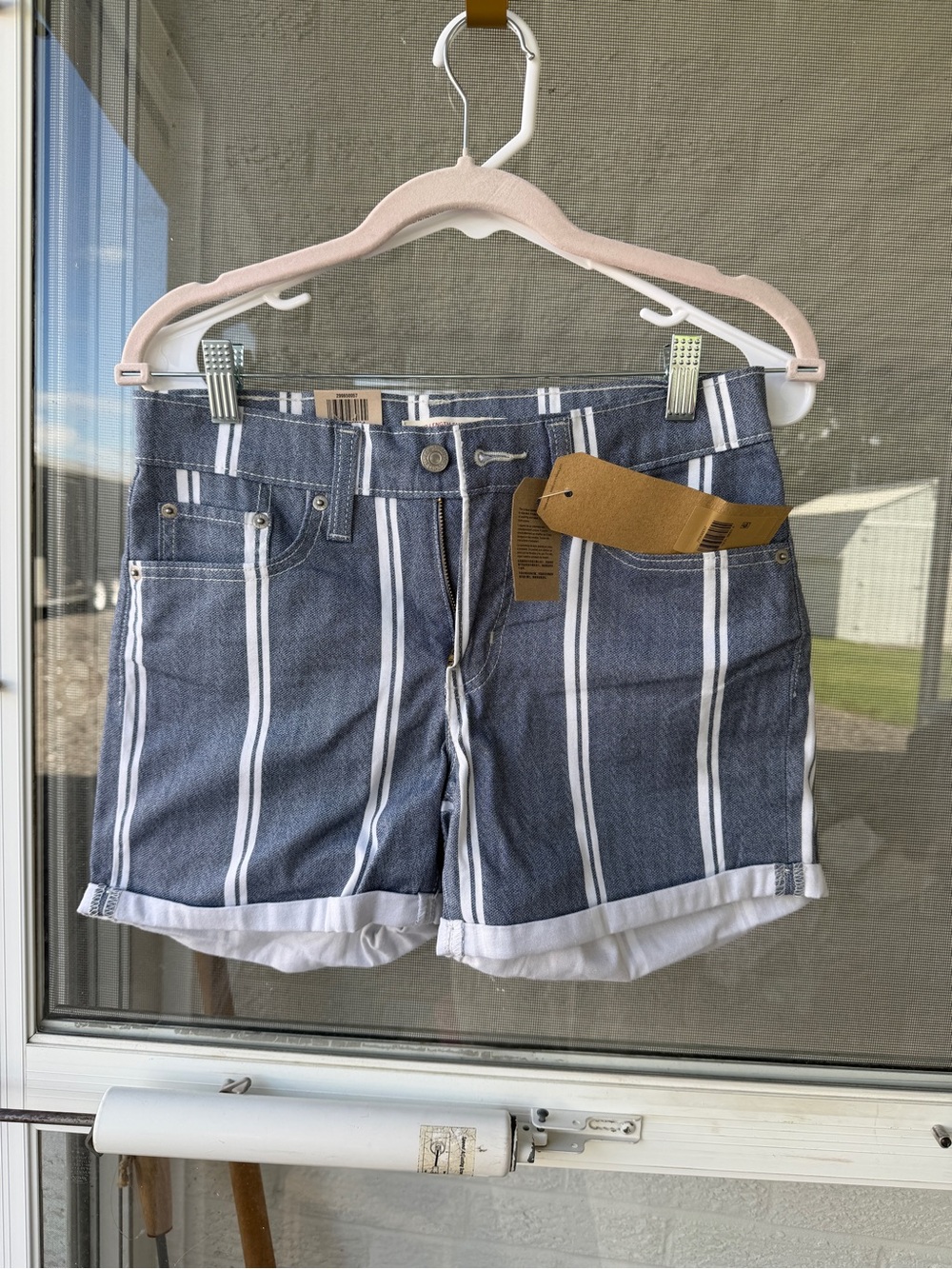 Levi's Blue and White Striped Denim Shorts